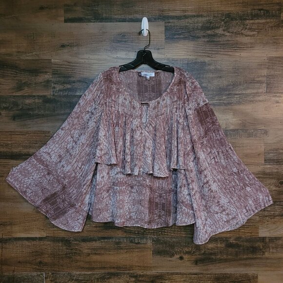 Jennifer Lopez Chiffon Ruffle Flare Sleeve Top L Watercolor Keyhole Neck Boho - Picture 1 of 9